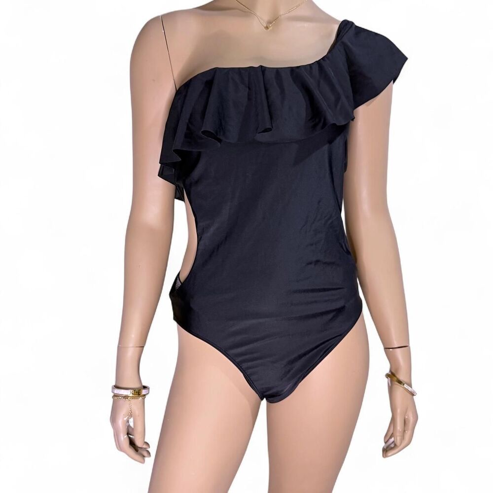 Hollister NWOT Black One Piece Swimsuit Womens Large One Shoulder Ruffle Cutout
